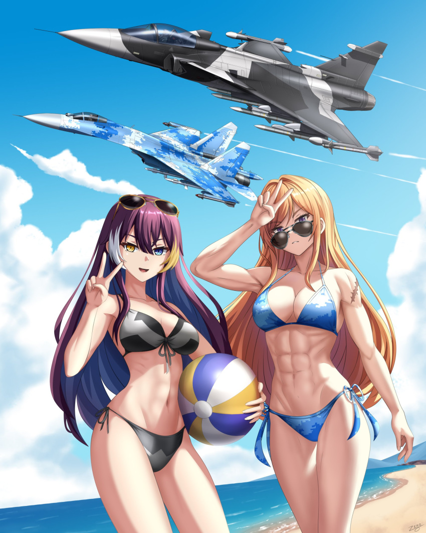 2girls abs absurdres alina_svard_kovalenko_(laotianaviator) aviator_sunglasses ball beach beachball bikini commission commissioner_upload highres multicolored_hair multiple_girls original saab_gripen su-27 sunglasses swimsuit thighs zero_(73ro)