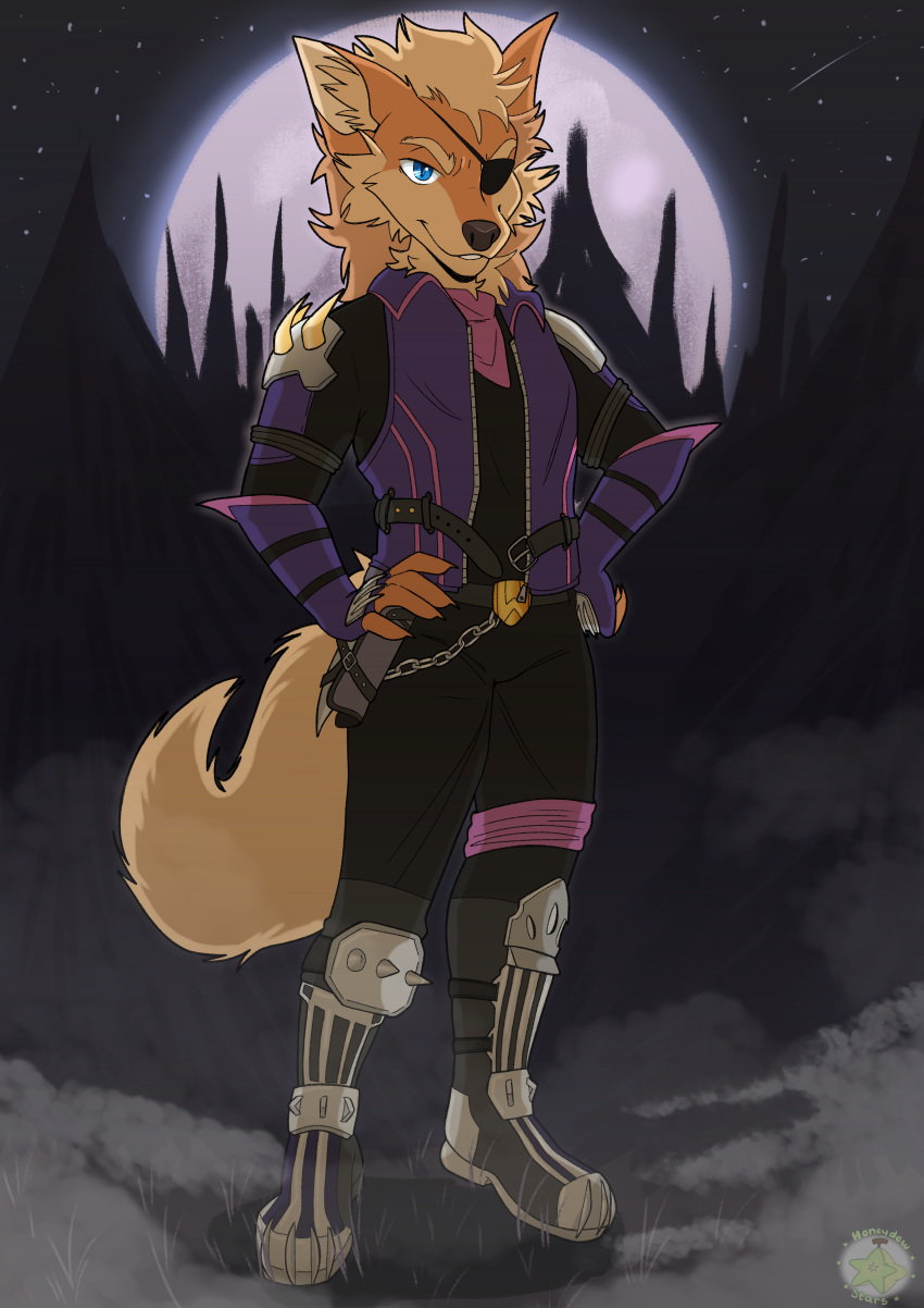 absurd_res anthro arcanine canid canine chains clothing costume eye_patch eyewear generation_1_pokemon halloween halloween_costume hi_res holidays honeydew_stars male mammal moon nintendo pokemon pokemon_(species) solo star_fox steele steele_o'connell wolf_o'donnell