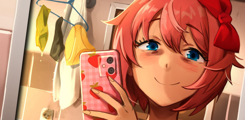 bathroom blue_eyes bow cellphone close-up clothes_hanger cropped doki_doki_literature_club electrical_outlet english_commentary female hair_between_eyes hairbow highres holding holding_phone indoors khyle. looking_at_viewer panties phone pink_hair sayori_(doki_doki_literature_club) short_hair sidelocks smartphone smile smoke solo tile_wall tiles underwear unworn_panties yellow_panties