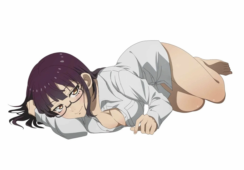 breasts feet female fujimiya_sumika_(isekai_ojisan) glasses highres isekai_ojisan large_breasts looking_at_viewer official_art orange_eyes purple_hair shirt short_hair smile white_background white_shirt