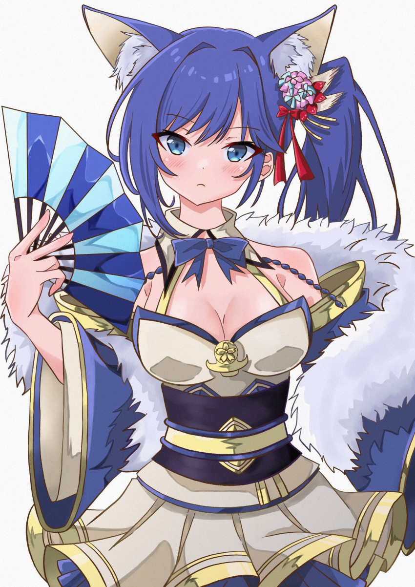 amanotti_01 animal_ears arm_behind_back azur_lane bare_shoulders blue_eyes blue_hair blush bow breasts cleavage detached_collar detached_sleeves female flower fox_ears fox_girl frown fur_trim hair_between_eyes hair_flower hair_ornament hairbow hand_fan hand_up highres holding holding_fan jintsuu_(azur_lane) long_hair looking_at_viewer medium_breasts pleated_skirt purple_hair red_bow side_ponytail skirt solo staring wide_sleeves