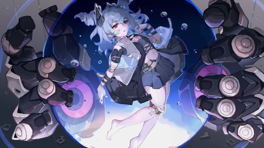 asc11 barefoot doll_joints drill_hair earrings female floating grey_hair hair_ornament highres honkai_(series) honkai_impact_3rd jacket jewelry joints mechanical_hands navel pleated_skirt prometheus_(honkai_impact) red_eyes skirt solo