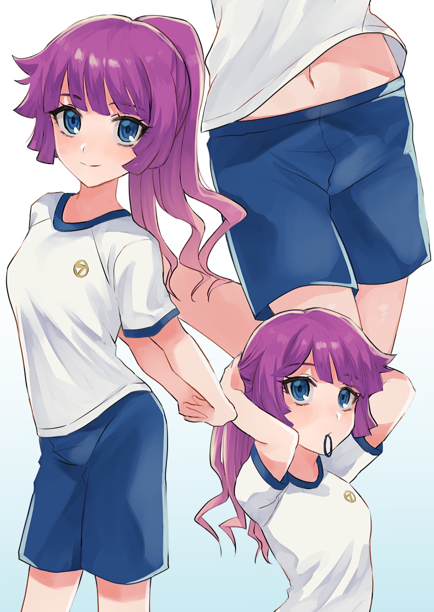 absurdres arms_behind_back blue_eyes blue_shorts closed_mouth female gradient_background gym_uniform hair_up highres kirishima_romin leg_up long_hair looking_at_viewer midriff_peek mouth_hold multiple_views navel nemu_(pixiv_55675304) own_hands_together ponytail purple_hair shirt short_sleeves shorts smile tying_hair white_shirt yu-gi-oh! yu-gi-oh!_sevens