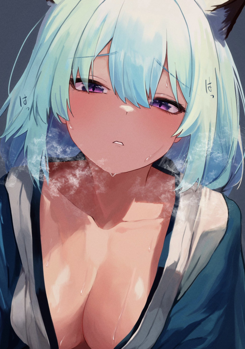 animal_ears aqua_hair bath_yukata blanket blue_archive blush breasts cleavage collarbone commentary dio_nand female grey_background grey_kimono hair_between_eyes heavy_breathing highres japanese_clothes kimono looking_at_viewer medium_breasts naughty_face parted_lips purple_eyes shigure_(blue_archive) shigure_(hot_spring)_(blue_archive) short_hair simple_background solo sweat weasel_ears weasel_girl yukata