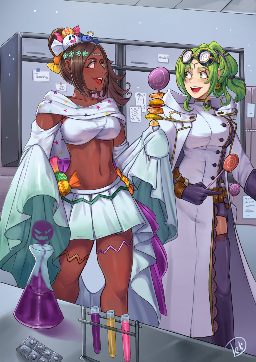 2girls absurdres brown_eyes brown_hair candy candy_hair_ornament circlet crop_top dark-skinned_female dark_skin deliciousbrain english_commentary eyewear_on_head fire_emblem fire_emblem:_the_sacred_stones fire_emblem_engage fire_emblem_heroes flask food food-themed_hair_ornament ghost_hair_ornament green_eyes green_hair hair_ornament halloween halloween_costume highres holding holding_candy holding_food l'arachel_(fire_emblem) l'arachel_(halloween)_(fire_emblem) lollipop long_sleeves looking_at_another midriff multiple_girls navel official_alternate_costume open_mouth ponytail skirt smile teeth timerra_(fire_emblem) timerra_(halloween)_(fire_emblem) upper_teeth_only