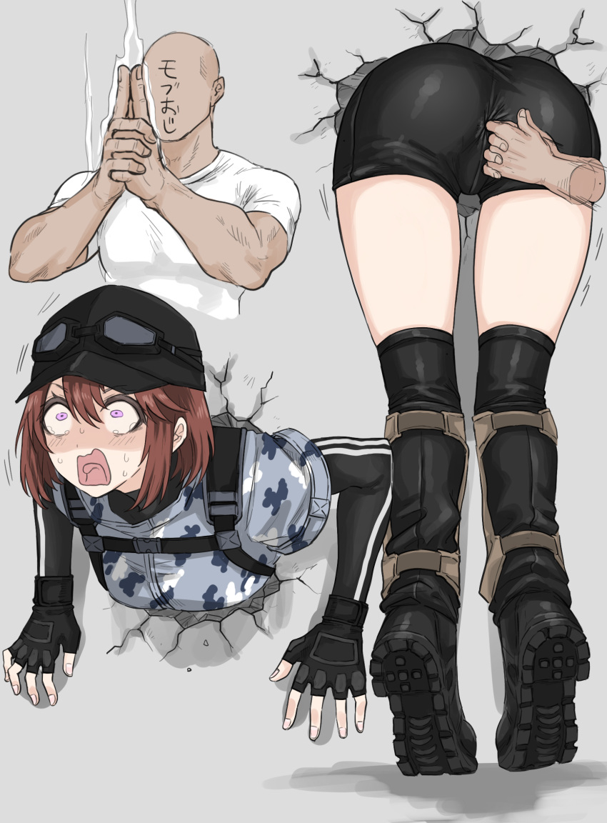 1boy ass baseball_cap bike_shorts boots brown_hair constricted_pupils crying_aqua_(meme) faceless faceless_male female fingerless_gloves fuku_(fuku12290574) gloves goggles goggles_on_headwear hat highres kanchou meme original penetration_through_clothes purple_eyes shaded_face short_hair stuck tears thighhighs through_wall