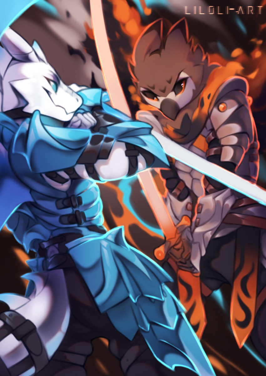 anthro armor avian belt bird blue_eyes cold dragon duo dynamic fantasy fight fire hi_res horn liloli_(artist) magic male melee_weapon mythological_creature mythological_scalie mythology owl ribbons scalie smoldering smug spikes sword tail weapon wings yellow_eyes