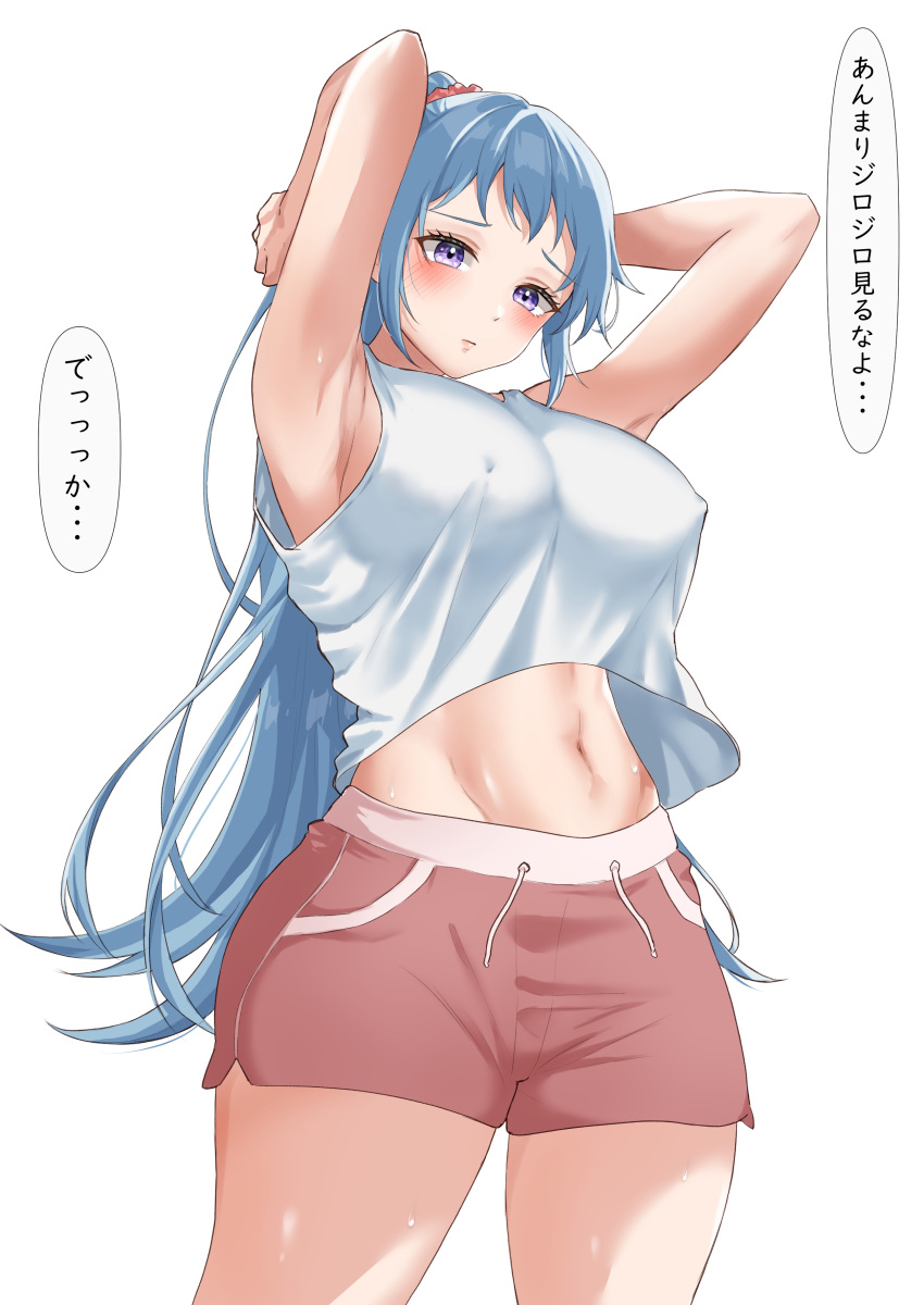 absurdres armpits arms_behind_head arms_up bare_arms bare_shoulders blue_hair blush breasts closed_mouth cowboy_shot female high_ponytail highres kawasaki_saki large_breasts light_(lightpicture33) long_hair loungewear midriff navel pink_scrunchie purple_eyes red_shorts scrunchie shirt shirt_overhang shorts simple_background solo speech_bubble standing t-shirt tented_shirt thighs translated white_background white_shirt yahari_ore_no_seishun_lovecome_wa_machigatteiru.