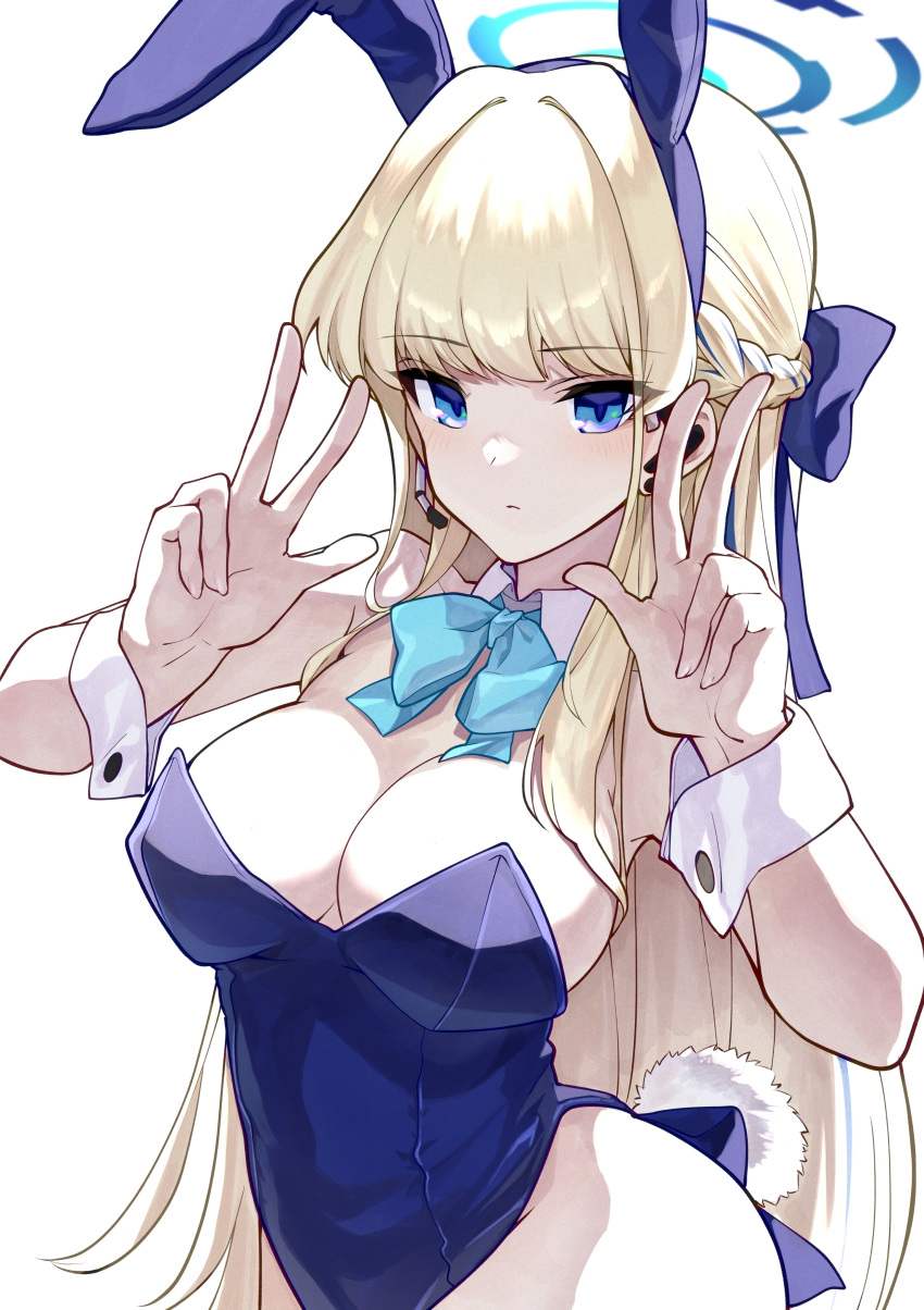 absurdres animal_ears bare_shoulders blonde_hair blue_archive blue_eyes blue_halo blue_leotard bow bowtie breasts cleavage closed_mouth detached_collar double_w expressionless fake_animal_ears fake_tail female gashitani hair_intakes hairband halo hands_up headset highres leotard long_hair looking_at_viewer medium_breasts microphone playboy_bunny rabbit_ears rabbit_tail solo strapless strapless_leotard tail toki_(blue_archive) toki_(bunny)_(blue_archive) upper_body very_long_hair w wrist_cuffs