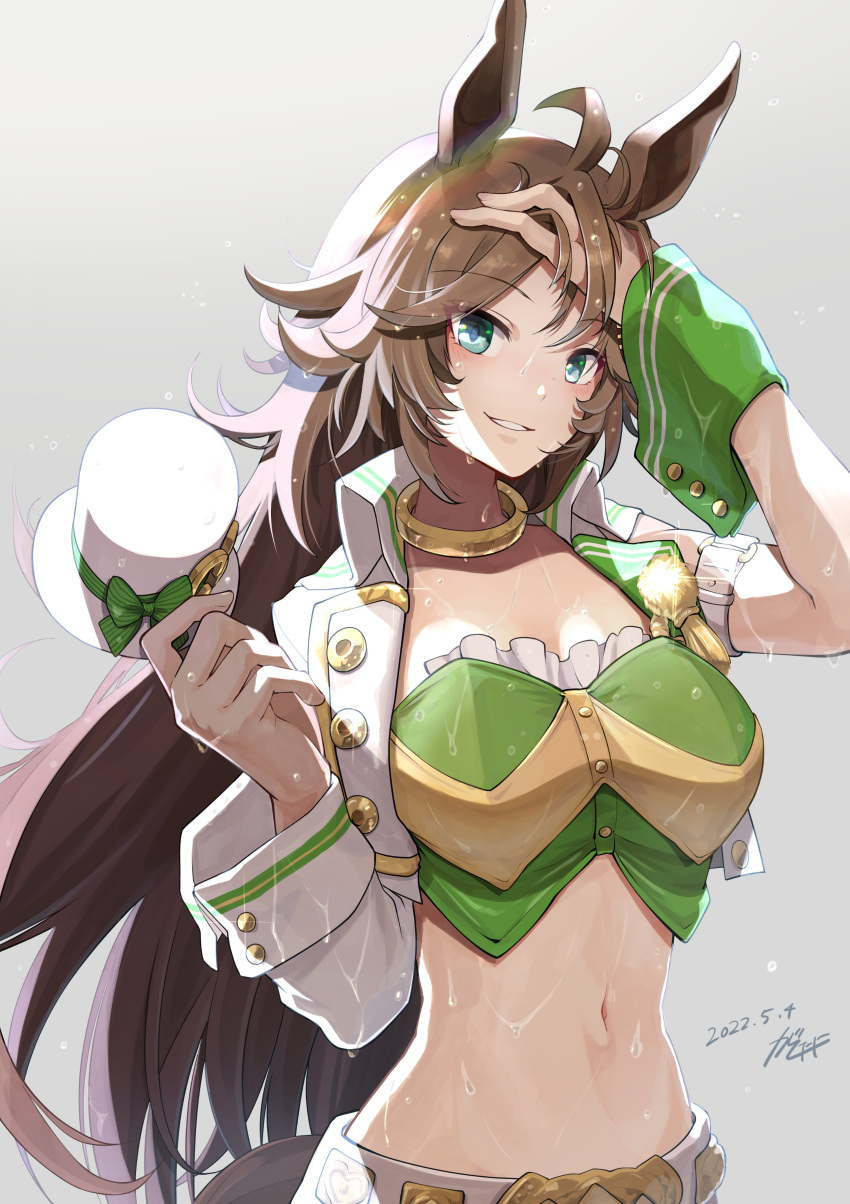 absurdres ahoge animal_ears arm_up armband breasts brown_hair choker cleavage cropped_jacket dated female gashitani green_eyes green_shirt grey_background hand_in_own_hair hand_up hat highres holding holding_clothes holding_hat horse_ears horse_girl horse_tail jacket long_hair looking_at_viewer medium_breasts midriff mini_hat mini_top_hat mr._c.b._(umamusume) navel open_clothes open_jacket open_mouth pants shirt signature single_sleeve single_wrist_cuff smile solo strapless strapless_shirt tail top_hat umamusume unworn_hat unworn_headwear upper_body wet wet_clothes wet_hair white_jacket white_pants wrist_cuffs