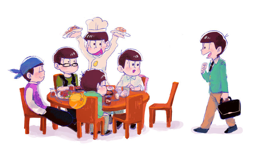 6+boys alternate_costume bad_id bad_twitter_id bandana briefcase brothers brown_hair chair chef chef_hat glasses hard_hat hat heart heart_in_mouth helmet male_focus matsuno_choromatsu matsuno_ichimatsu matsuno_jyushimatsu matsuno_karamatsu matsuno_osomatsu matsuno_todomatsu messy_hair multiple_boys osomatsu-kun osomatsu-san osomatsu_(series) plate risao sextuplets siblings simple_background sitting table white_background