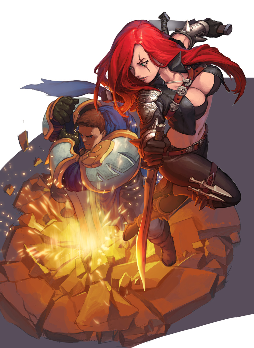 1boy absurdres armor bad_id bad_pixiv_id belt black_gloves black_pants bracelet breasts buckle cleavage commentary dagger dual_wielding english_commentary female garen_(league_of_legends) gloves highres holding jewelry jumping katarina_(league_of_legends) knife large_breasts league_of_legends leg_belt long_hair looking_at_another looking_back midriff navel necklace pants penett photoshop_(medium) popped_collar red_hair rock scar scar_across_eye scar_on_face skin_tight spiked_bracelet spikes sword vambraces weapon