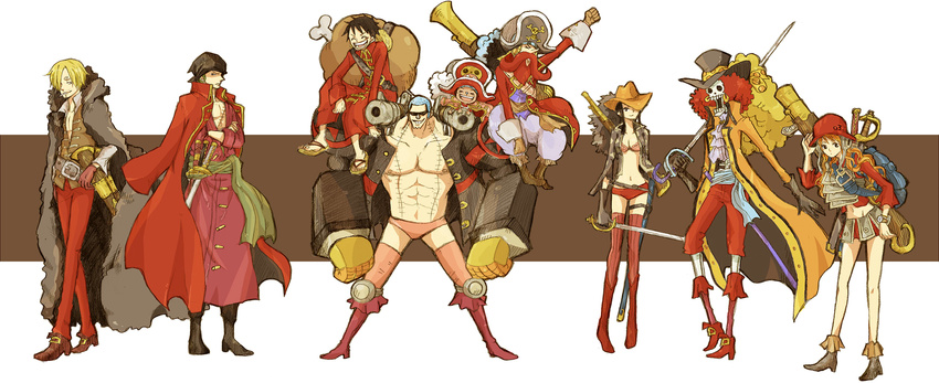 2girls 6+boys afro backpack bag bandana beard black_hair blonde_hair blue_hair bra brook cigarette cowboy_hat facial_hair franky green_hair grin hair_over_one_eye hat highres jacket jacket_on_shoulders long_hair long_image lou_(usopo) midriff monkey_d_luffy multiple_boys multiple_girls nami nami_(one_piece) navel nico_robin one_piece one_piece_film_z open_clothes open_mouth open_shirt orange_hair roronoa_zoro sanji scar shirt short_hair sitting skeleton smile standing sunglasses sword thighhighs tony_tony_chopper underwear usopp weapon wide_image