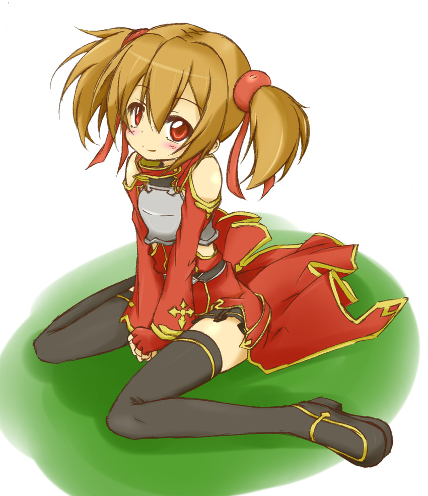 black_thighhighs blush brown_hair colorized commentary_request female highres hinokuro red_eyes silica sitting smile solo sword_art_online thighhighs wariza