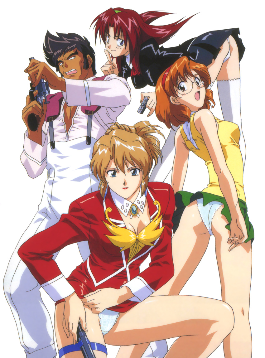 1990s_(style) 1boy 3girls absurdres agent_aika aida_rion aika_(series) arm_up ass bare_arms bare_shoulders bent_over black_delmo black_hair blonde_hair blue_eyes blue_panties breasts brooch brown_eyes brown_hair bustier cleavage closed_mouth covered_nipples cropped_legs crotch_seam delmogeny_uniform detached_collar earrings folded_ponytail glasses green_skirt gun gusto_turbulence hairband handgun highres holding holding_gun holding_weapon jacket jewelry lace lace-trimmed_panties lace_trim lipstick long_hair long_sleeves looking_at_viewer makeup maypia_alexymetalia medium_breasts multiple_girls official_art open_mouth panties pantyshot parted_bangs pencil_skirt photoshop_(medium) red_hair red_jacket red_lips red_skirt retro_artstyle shirt short_hair simple_background skirt standing sumeragi_aika tan thigh_strap thighhighs underwear uniform vest weapon white_background white_legwear white_panties white_shirt wind wind_lift yamauchi_noriyasu yellow_vest