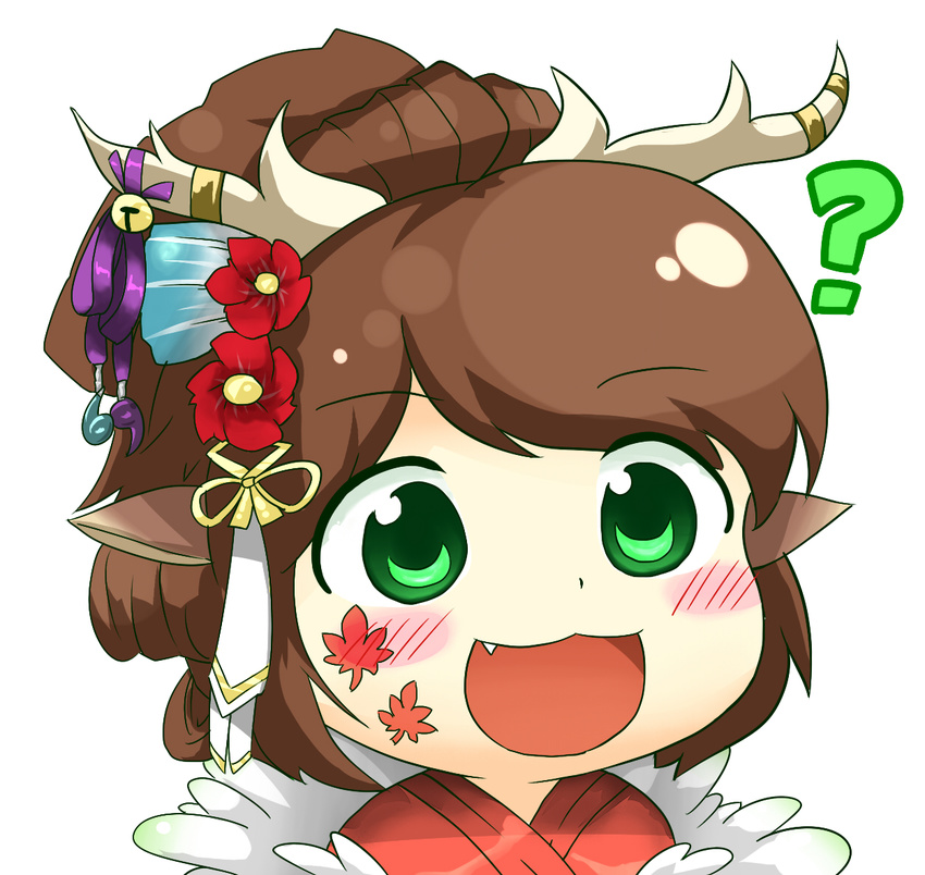 :3 ? animal_ears antlers bad_id bad_pixiv_id bell blush brown_hair chibi commentary_request deer_ears facial_mark female flower green_eyes gyate_gyate hair_flower hair_ornament horns jewelry jingle_bell kanchigai kano_(p&d) leaf long_hair maple_leaf open_mouth ponytail portrait puzzle_&_dragons red_flower ribbon simple_background smile solo white_background