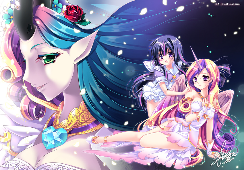 3girls blush breasts byruu detached_sleeves diamond dress flower flower_crown green_eyes head_wreath horn jewelry long_hair multicolored_hair multiple_girls my_little_pony my_little_pony_friendship_is_magic necklace oerba_yun_fang open_mouth personification princess_mi_amore_cadenza purple_eyes purple_hair queen_chrysalis rose sailor_collar sakurano_tsuyu shoes torn_clothes twilight_sparkle_(mlp) very_long_hair wings