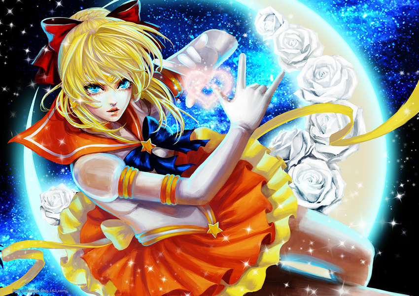 \m/ ahoge artoria_pendragon_(fate) back_bow bishoujo_senshi_sailor_moon bishoujo_senshi_sailor_moon_stars blonde_hair blue_eyes bow brooch choker commentary_request cosplay crescent crescent_moon elbow_gloves fate/stay_night fate_(series) female flower gloves hairbow jewelry magical_girl moon night orange_choker orange_sailor_collar orange_skirt photoshop_(medium) realistic rose saber_(fate) sailor_collar sailor_senshi_uniform sailor_venus skirt solo star_brooch sun_dou super_sailor_venus_(stars) super_sailor_venus_(stars)_(cosplay) white_flower white_gloves white_rose