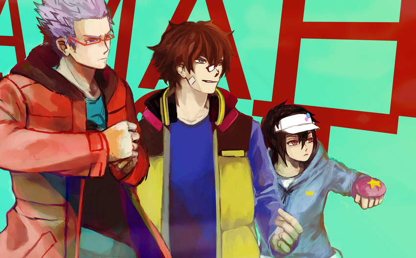 2boys black_hair brown_hair cape coat fingerless_gloves glasses gloves hajime_(hamatora) hamatora hat highres hood hoodie multiple_boys murasaki_(hamatora) nice_(hamatora) pink_eyes short_hair spiked_hair spiky_hair trio