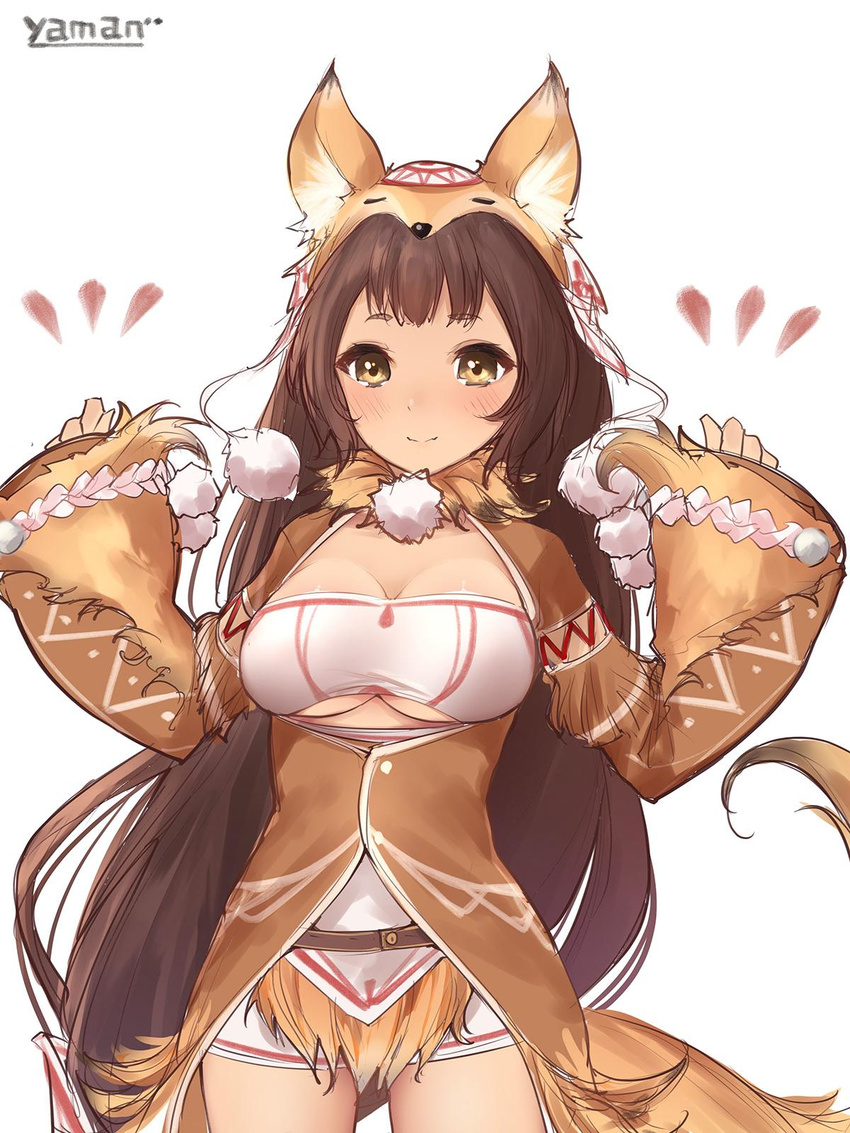 animal_costume animal_ears arms_up artist_name blush breasts brown_hair cleavage commentary_request cowboy_shot female fox_costume fox_ears fox_tail fur_collar highres jacket large_breasts long_hair looking_at_viewer pippin_(sennen_sensou_aigis) sennen_sensou_aigis smile solo strapless tail tube_top underboob very_long_hair white_background wide_sleeves yaman yellow_eyes