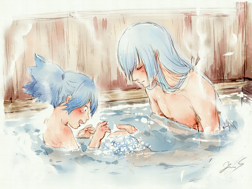 2boys bath bathtub blue_eyes blue_hair closed_eyes commentary_request kousetsu_samonji male_focus multiple_boys open_mouth partially_submerged robinson same-sex_bathing sayo_samonji shared_bathing smile touken_ranbu towel_bubble water