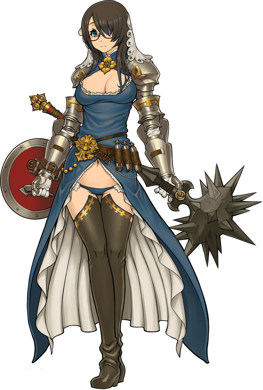 armor armored_dress artist_request belt black_footwear black_thighhighs blue_eyes blue_panties boots breasts brown_hair cleavage cleavage_cutout clothing_cutout female full_body gauntlets glasses gloves green_hair hair_over_one_eye highres langrisser langrisser_re:incarnation large_breasts long_hair loose_belt lowleg mace mariel_(langrisser) midriff navel official_art panties photoshop_(medium) semi-rimless_eyewear shield simple_background solo spiked_mace spikes thigh_boots thighhighs underwear weapon white_background