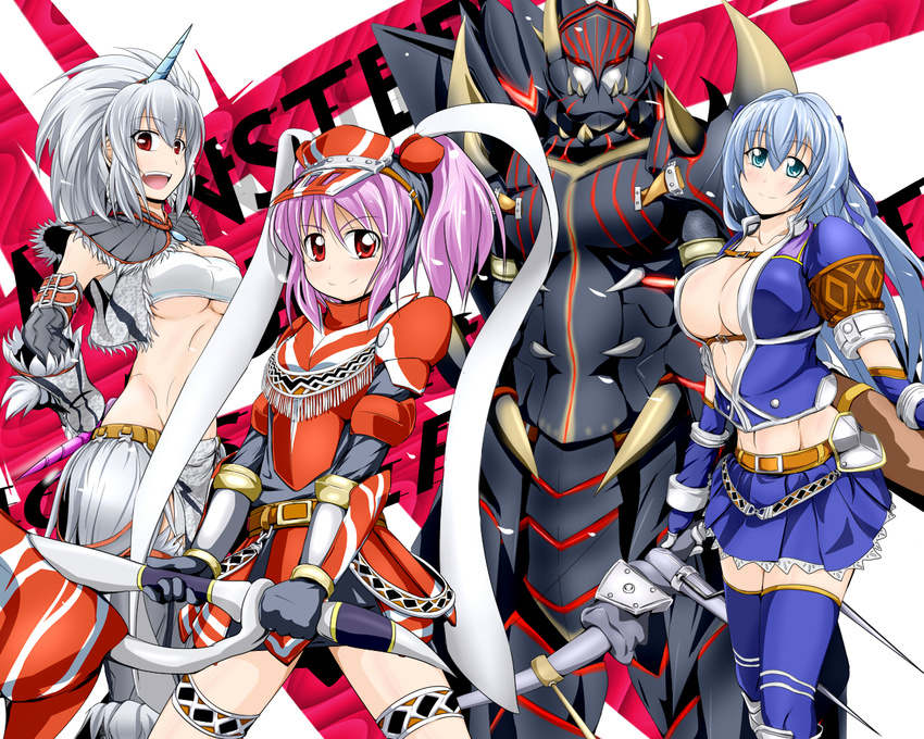 4girls :d akantor_(armor) armor azure_(armor) bandeau bare_shoulders blue_dress blue_eyes blue_hair blue_skirt blue_thighhighs blush bow_(weapon) breasts brooch cleavage commentary_request detached_collar dress full_armor gauntlets gem grey_hair head_tilt headgear hermitaur_(armor) holding holding_weapon horns huge_breasts jewelry kirin_(armor) long_hair looking_at_viewer monster_hunter_(character) monster_hunter_(series) multiple_girls mun open_mouth pink_eyes pink_hair pleated_skirt red_dress sharp_teeth shoulder_spikes single_horn skirt smile spikes standing tareme teeth thighhighs underboob very_long_hair weapon zettai_ryouiki