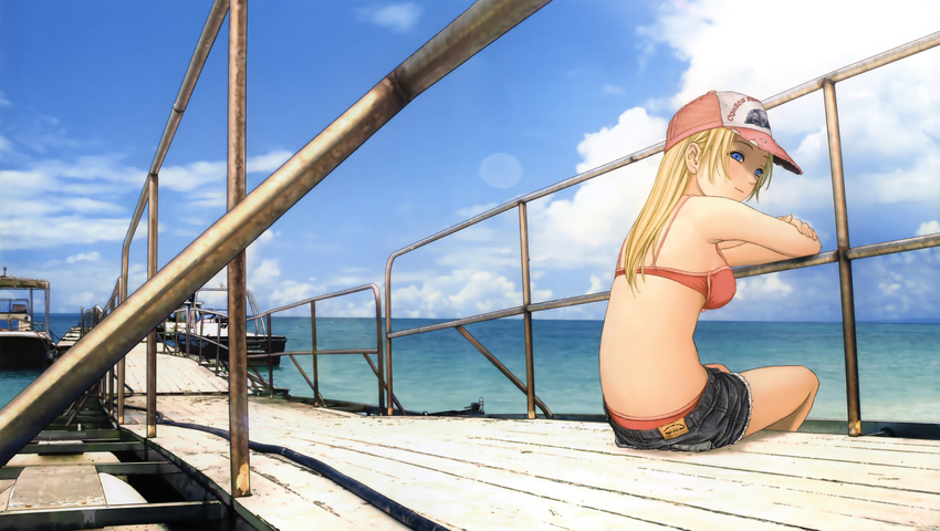 absurdres against_railing baseball_cap bikini blonde_hair blue_eyes boat breasts btooom! cloud cutoffs day denim denim_shorts elbow_rest female hat highres himiko_(btooom!) horizon inoue_jun'ya leaning_forward long_hair looking_at_viewer medium_breasts ocean official_art outdoors pier railing red_bikini short_shorts shorts sitting solo swimsuit watercraft