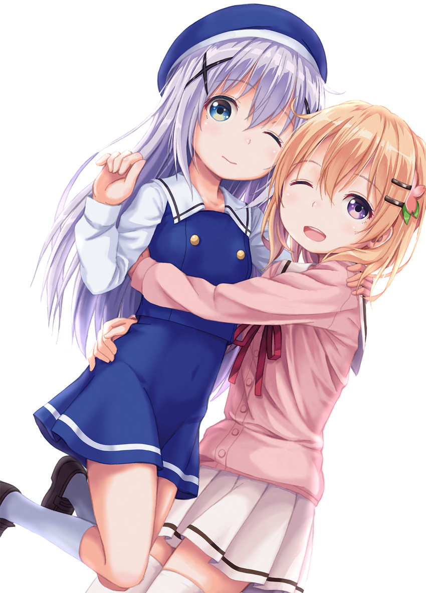 2girls :d ;d blue_eyes blue_hair blush brown_hair commentary_request gochuumon_wa_usagi_desu_ka? hair_ornament hairclip hane_yoshiyumi highres hoto_cocoa hoto_cocoa's_school_uniform hug kafuu_chino kafuu_chino's_school_uniform lifting_person long_hair looking_at_viewer multiple_girls one_eye_closed open_mouth purple_eyes school_uniform short_hair single_stripe skirt smile thighhighs white_legwear x_hair_ornament