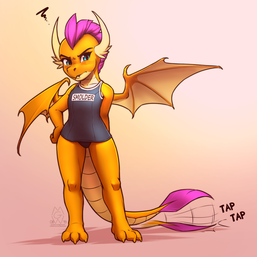 1:1 2019 3_toes anthro barefoot blush claws clothed clothing dragon exposure_variation fangs feet female friendship_is_magic hasbro hi_res impatient looking_at_viewer my_little_pony mykegreywolf mythological_creature mythological_scalie mythology one-piece_swimsuit plantigrade scalie smolder_(mlp) solo swimwear tail teeth toes