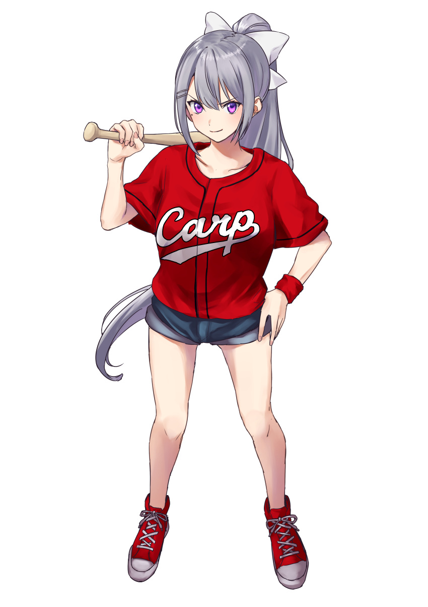 absurdres alternate_costume bare_legs baseball_bat baseball_uniform blue_shorts bow breasts carrying_over_shoulder closed_mouth commentary cross-laced_footwear denim denim_shorts female full_body g9_(jiiku) grey_hair hair_between_eyes hair_ornament hairbow hairclip hand_on_own_hip highres higuchi_kaede hiroshima_touyou_carp holding holding_baseball_bat long_hair looking_at_viewer medium_breasts mole mole_under_eye nijisanji nippon_professional_baseball ponytail purple_eyes red_footwear red_shirt shirt shoes short_shorts short_sleeves shorts simple_background smile sneakers solo sportswear sweatband thighs virtual_youtuber white_background wristband