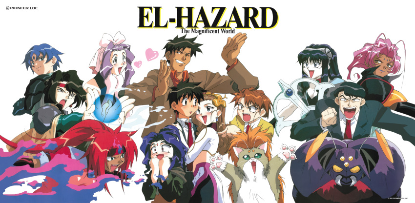 1990s_(style) 4boys 6+girls afura_mann alielle aqua_eyes black_hair blue_eyes blue_hair blush brown_hair bug business_suit company_name constricted_pupils copyright_name dark-skinned_female dark_skin earrings el_hazard everyone facial_mark feline fire forehead_mark formal fujisawa_masamichi grin headband heart high_ponytail highres hug ifurita jealous jewelry jinnai_nanami logo long_hair looking_at_viewer magic miz_mishtal mizuhara_makoto multiple_boys multiple_girls necktie non-web_source official_art one_eye_closed open_mouth orange_eyes outstretched_arms pink_hair purple_hair red_hair red_necktie retro_artstyle rune_venus shayla-shayla short_hair simple_background smile suit white_background yellow_eyes