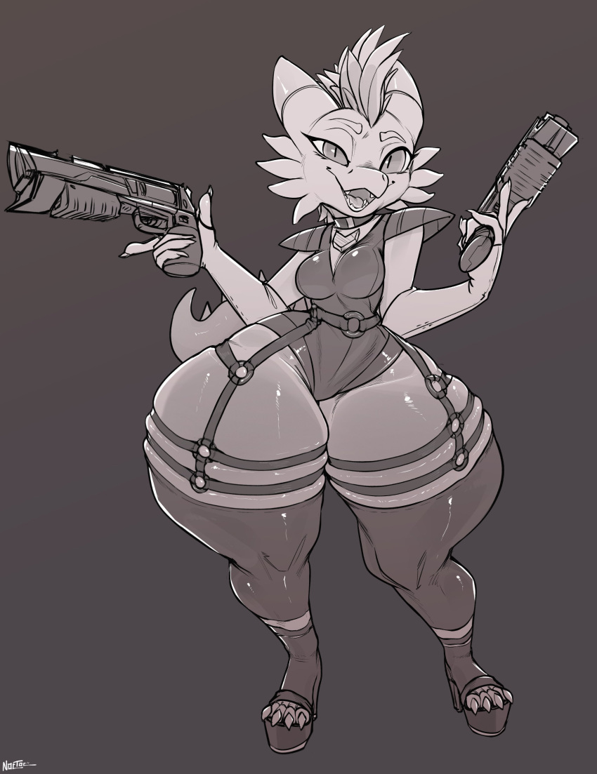 2023 absurd_res anthro big_breasts bottom_heavy breasts clothed clothing digital_media_(artwork) dual_wielding eyelashes female footwear hi_res high_heels holding_object holding_weapon horn huge_hips huge_thighs hyper hyper_hips hyper_thighs kobold legwear looking_at_viewer noctoc platform_footwear platform_heels pupils reptile scalie slit_pupils small_waist solo thick_thighs thigh_highs toe_cutout_heels weapon wide_hips