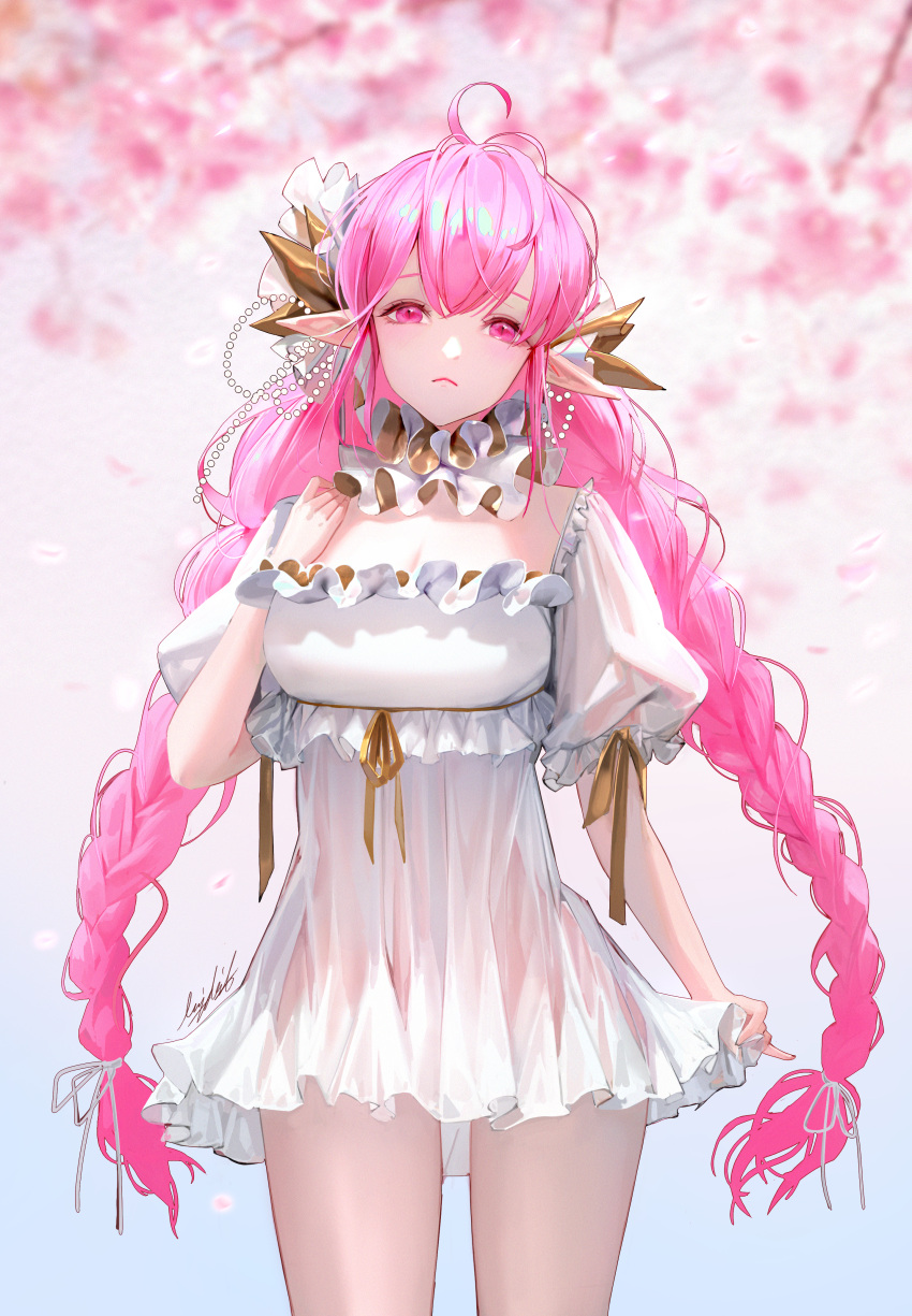 :< absurdres ahoge bare_shoulders blurry blurry_background breasts cherry_blossoms cleavage closed_mouth dress english_commentary female frills highres lizchief long_hair original petals pink_eyes pink_hair pointy_ears puffy_sleeves ribbon see-through signature solo twintails very_long_hair white_dress yellow_ribbon