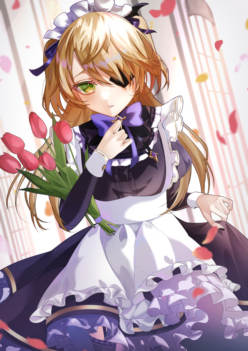 alternate_costume apron blonde_hair bow bowtie enmaided eyepatch female fischl_(genshin_impact) flower frilled_apron frills genshin_impact green_eyes hair_ribbon highres long_hair long_sleeves looking_at_viewer maid maid_apron maid_headdress natsuki_yoru petals purple_bow purple_bowtie purple_ribbon ribbon solo