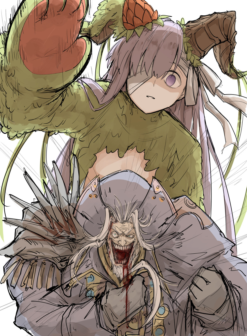 1boy absurdres bandage_over_one_eye blood blood_from_mouth bow christopher_columbus_(fate) empty_eyes facial_hair fate/extra fate/extra_ccc fate/grand_order fate_(series) female giant giantess goatee grey_hair hat highres horns kankan33333 kingprotea_(fate) kingprotea_(second_ascension)_(fate) motion_blur purple_eyes purple_hair teeth