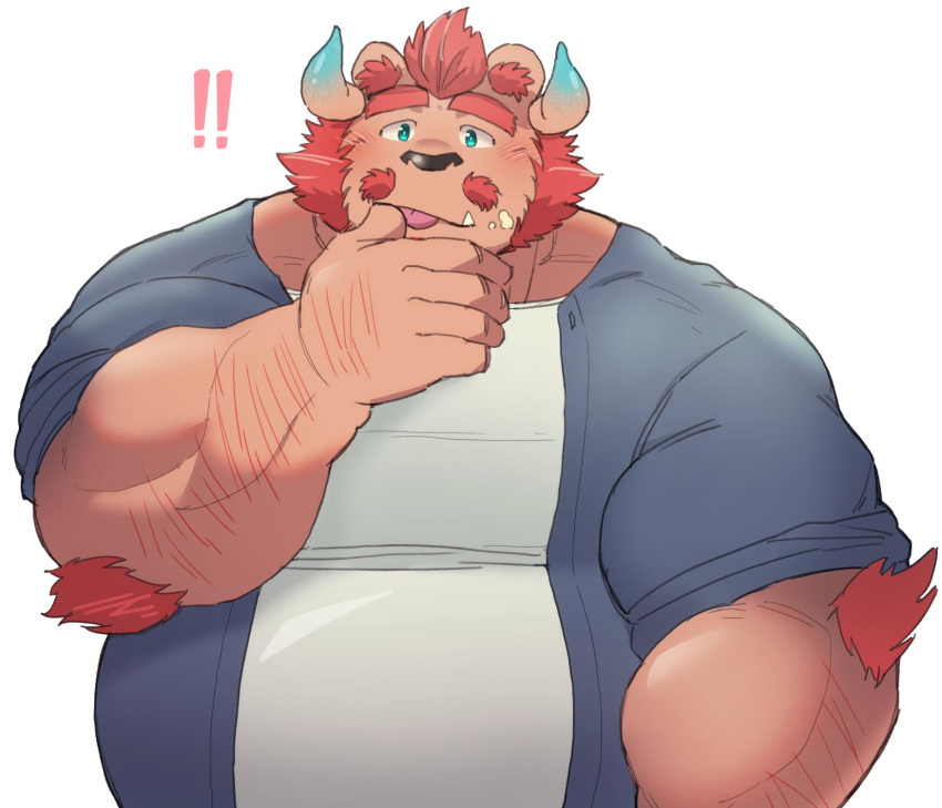 2019 anthro belly black_nose blush body_hair canid canine chernobog_(tas) clothing demon facial_hair hair hi_res horn launcher_r lifewonders male mammal moustache muscular muscular_anthro muscular_male overweight overweight_anthro overweight_male solo tokyo_afterschool_summoners