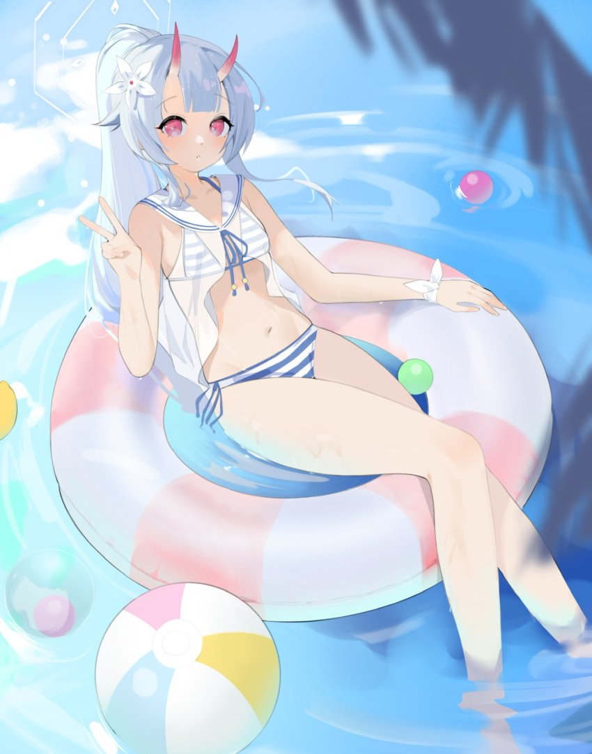 annlee ball bare_arms bare_legs bare_shoulders beachball bikini blue_archive blue_bikini blue_hair blush breasts camisole chise_(blue_archive) chise_(swimsuit)_(blue_archive) collarbone day female flower hair_between_eyes hair_flower hair_ornament halo highres horns innertube knees_together_feet_apart legs long_hair looking_at_viewer navel oni_horns open_mouth outdoors partially_submerged red_eyes red_horns sailor_collar see-through see-through_camisole side-tie_bikini_bottom side_ponytail sitting small_breasts soaking_feet solo striped_bikini striped_clothes swim_ring swimsuit thighs two-tone_bikini v water white_sailor_collar