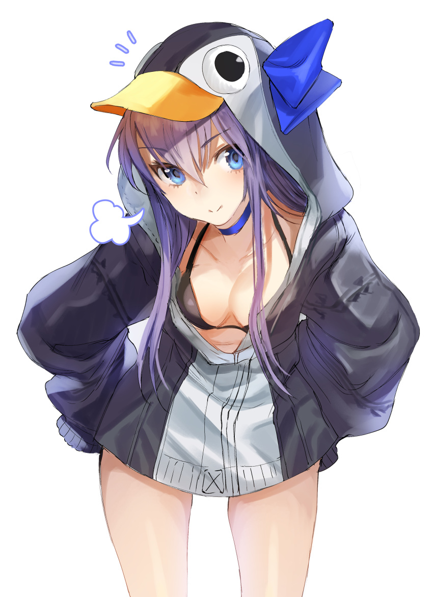 :> ^^^ absurdres animal_costume bikini bikini_under_clothes black_bikini blue_choker blue_eyes blush boba breasts choker cleavage closed_mouth collarbone commentary cowboy_shot fate/grand_order fate_(series) female hands_on_own_hips highres leaning_forward long_hair long_sleeves looking_at_viewer meltryllis_(fate) meltryllis_(swimsuit_lancer)_(fate) meltryllis_(swimsuit_lancer)_(first_ascension)_(fate) penguin_costume purple_hair sleeves_past_fingers sleeves_past_wrists small_breasts smile smug solo standing swimsuit thighs