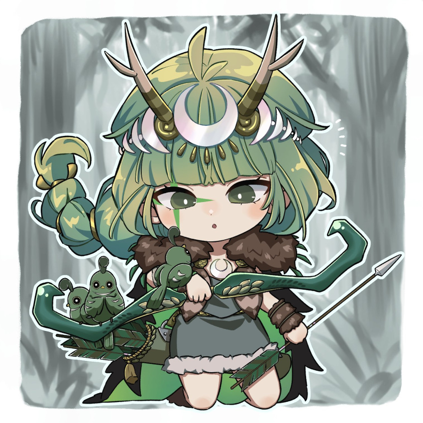 antler_ornament arrow_(projectile) artemis_(hades) bird bow_(weapon) braid cape chibi dress female fur_trim green_eyes green_hair hades_(series) hades_1 highres kneeling quail quiver single_braid tree uratamameron weapon