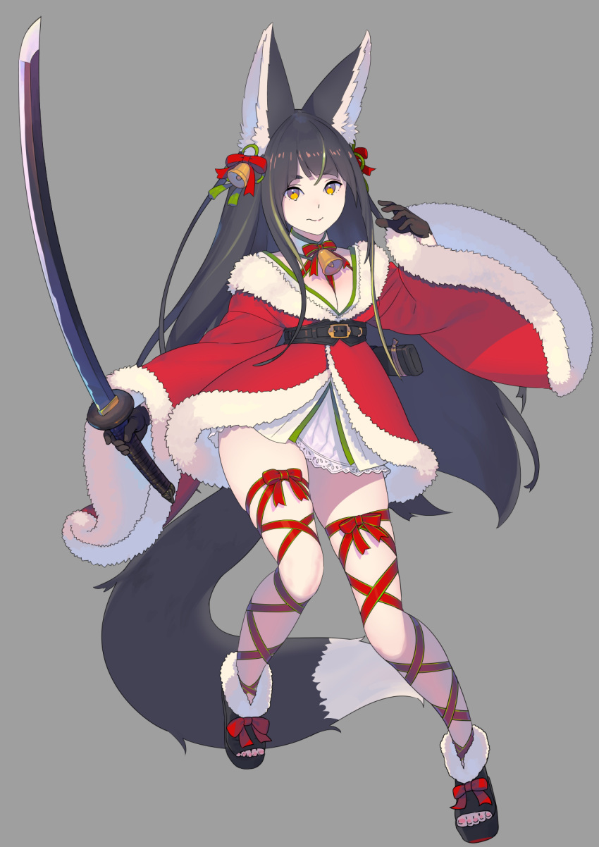 animal_ears bell belt black_belt black_gloves black_hair black_sash boots breasts brown_eyes christmas closed_mouth dress enkyo_yuuichirou female fox_ears fox_tail full_body fur-trimmed_sleeves fur_trim gloves green_ribbons grey_background hair_bell hair_between_eyes hair_ornament hair_ribbon high_heel_boots high_heels highres holding holding_sword holding_weapon katana kitsunegasaki_tametsugu_(tenka_hyakken) long_hair long_sleeves looking_at_viewer medium_breasts multicolored_hair neck_bell official_alternate_costume official_art platform_footwear platform_heels red_ribbon ribbon santa_dress sash scabbard sheath simple_background smile solo streaked_hair sword tail tenka_hyakken toeless_footwear unsheathed very_long_hair weapon wide_sleeves