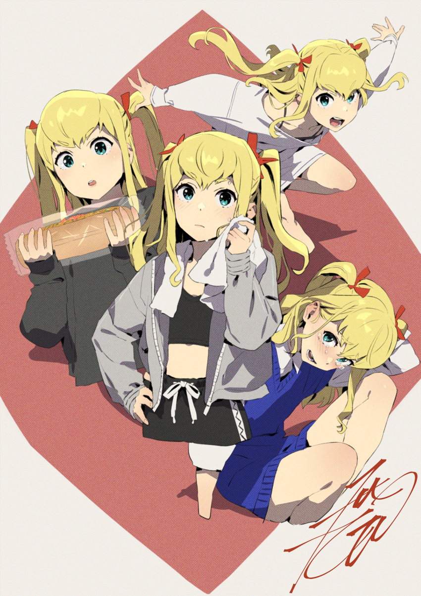 aqua_eyes black_hoodie black_pants black_sports_bra blonde_hair blue_sweater_vest blush camisole collage cropped_legs cropped_torso double-parted_bangs female food grey_jacket hair_ribbon hand_on_own_hip highres hinomiya_niho holding holding_food holding_towel hood hoodie jacket knees kobayashi_gen long_hair looking_at_viewer navel open_mouth pants ribbon sandwich school_girl_strikers shirt sidelocks signature simple_background sitting sports_bra sportswear sweat sweater sweater_vest tears thighs towel twintails underwear white_shirt wiping_sweat