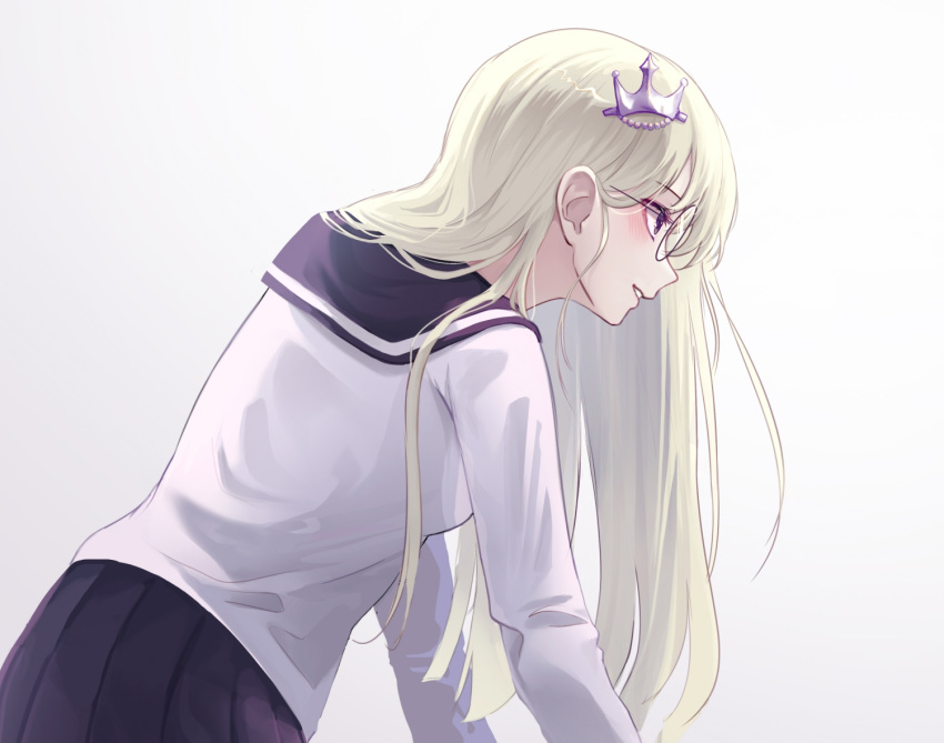 arm_support bad_id bad_pixiv_id blonde_hair blue_sailor_collar blue_skirt blush commentary crown_hair_ornament female from_side glasses long_hair myung_yi original parted_lips sailor_collar school_uniform serafuku shirt skirt solo symbol-only_commentary white_background white_shirt