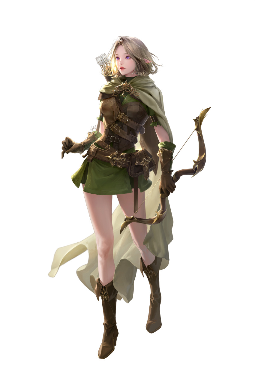 absurdres arrow_(projectile) belt belt_pouch blonde_hair boots bow_(weapon) brown_footwear brown_gloves cloak commentary earrings elf english_commentary eyelashes fantasy female full_body gem gloves green_cloak grey_background high_heel_boots high_heels highres holding holding_weapon hood hood_down hooded_cloak jewelry lizchief long_eyelashes original parted_lips pink_lips pointy_ears pouch purple_eyes quiver short_hair signature simple_background solo turtleneck weapon