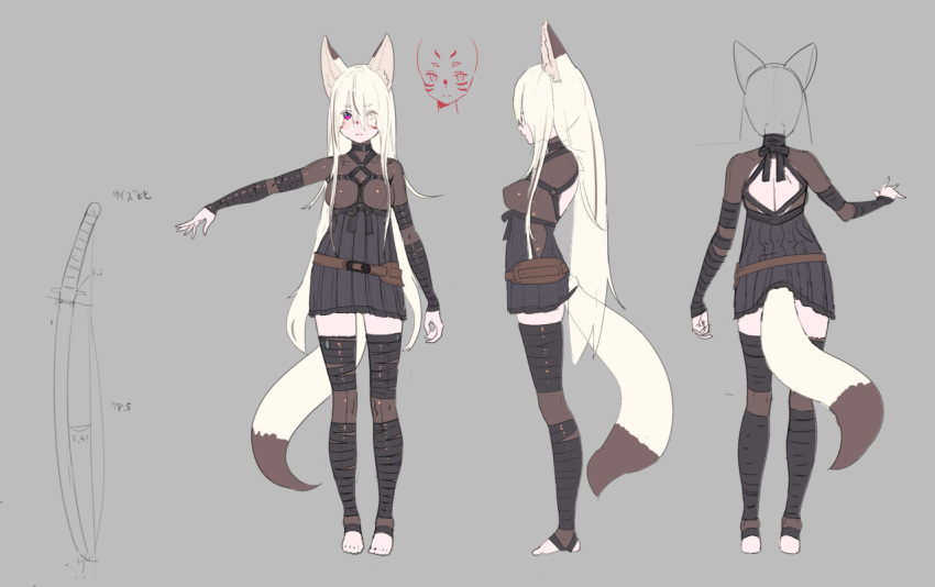 animal_ears arm_at_side belt black_legwear black_skirt bodysuit breasts brown_belt dark_persona enkyo_yuuichirou facial_mark female fox_ears fox_tail full_body grey_background hair_over_one_eye high-waist_skirt katana kitsunegasaki_tametsugu_(tenka_hyakken) long_hair looking_at_viewer medium_breasts miniskirt multiple_views official_art red_eyes reference_sheet skirt stirrup_legwear sword tail tenka_hyakken thighhighs toeless_legwear weapon white_hair zettai_ryouiki