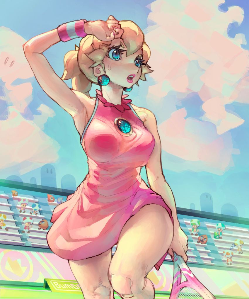 absurdres alternate_breast_size bare_shoulders bleachers blonde_hair blue_eyes blue_toad_(mario) breasts bumdraws cloud cloudy_sky cowboy_shot dress earrings female gem goomba green_toad_(mario) hair_between_eyes halter_dress halterneck highres jewelry large_breasts leg_up looking_to_the_side mario_(series) mario_tennis medium_hair nail_polish official_alternate_costume open_mouth outdoors pink_dress pink_lips pink_nails ponytail princess_peach purple_toad_(mario) racket red_toad_(mario) short_dress shy_guy sky solo_focus sphere_earrings sportswear sweat teeth tennis tennis_court tennis_peach tennis_racket tennis_uniform thighs toad_(mario) toned upper_teeth_only wiping_sweat wristband yellow_toad_(mario)