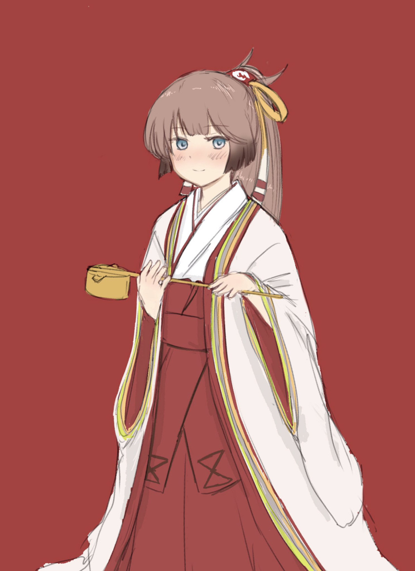 alternate_costume brown_hair commentary_request female gradient_hair grey_eyes hair_ornament hair_ribbon hakama hakama_skirt highres japanese_clothes kantai_collection kazagumo_(kancolle) kimono layered_clothes layered_kimono long_hair looking_at_viewer miko multicolored_hair ponytail red_background red_hakama ribbon simple_background skirt solo tsuru_(thunder_tsuru)