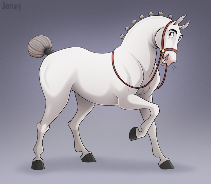 altivo black_eyes black_hooves braided_mane braided_tail bridle dreamworks equid equine feral grey_background grey_tail harness hooves horse jenery looking_at_viewer male mammal raised_hoof raised_leg reins signature simple_background solo tail the_road_to_el_dorado white_body