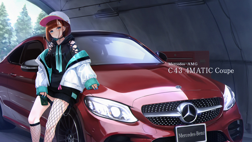 absurdres asymmetrical_legwear baseball_cap blue_nails brown_hair car choker commentary ear_piercing enpera_(jdud8375) female fishnet_pantyhose fishnet_socks fishnets hat highres holding holding_phone jacket jacket_partially_removed mercedes-amg_c43 mercedes-benz mismatched_legwear motor_vehicle original pantyhose phone piercing revision short_hair socks solo sports_car vehicle_focus