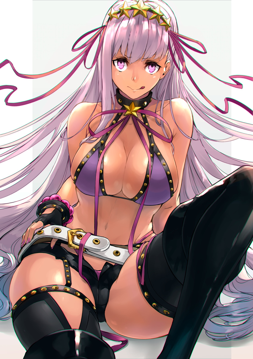 bare_shoulders bb_(fate) bb_(swimsuit_mooncancer)_(fate) bb_(swimsuit_mooncancer)_(second_ascension)_(fate) bead_bracelet beads belt bikini black_gloves black_shorts black_thighhighs border bracelet breasts cleavage closed_mouth collarbone fate/grand_order fate_(series) female fingerless_gloves gloves grey_background gyaru hair_ornament hair_ribbon hairband highres jewelry knee_up large_breasts licking_lips long_hair looking_at_viewer micro_shorts mille_(dieci) navel neck_ribbon purple_bikini purple_eyes purple_hair purple_ribbon ribbon shorts simple_background sitting smile solo star_(symbol) star_hair_ornament studded_garter_belt swimsuit tan thighhighs thighs tongue tongue_out very_long_hair white_belt white_border